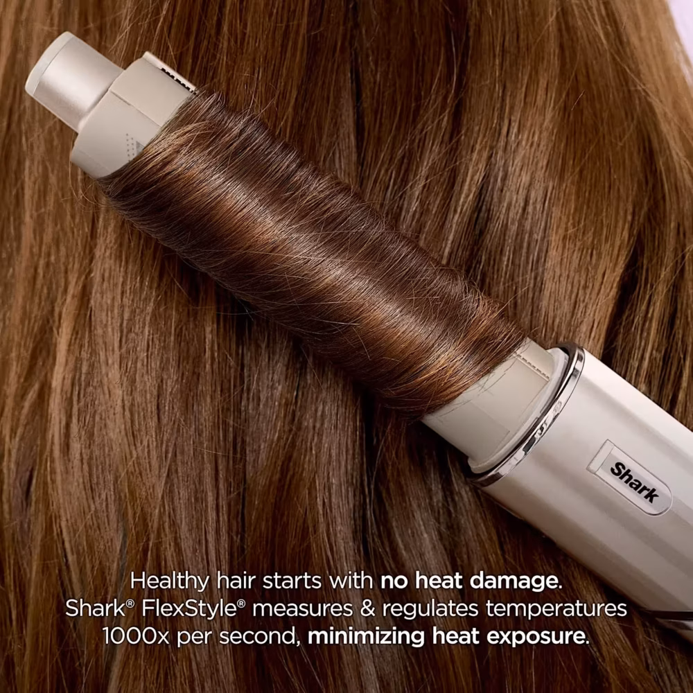 Shark FlexStyle auto-wrap curler holding a strand of healthy hair — no heat damage technology