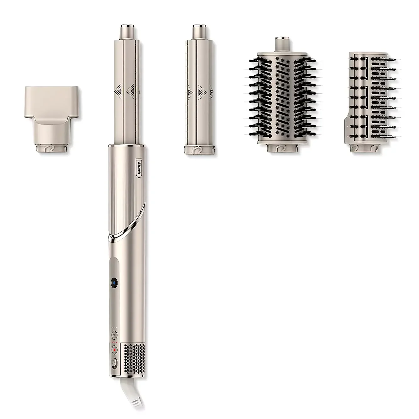 Shark FlexStyle HD430 in Stone with all five attachments — concentrator, auto-wrap curlers, oval brush, paddle brush