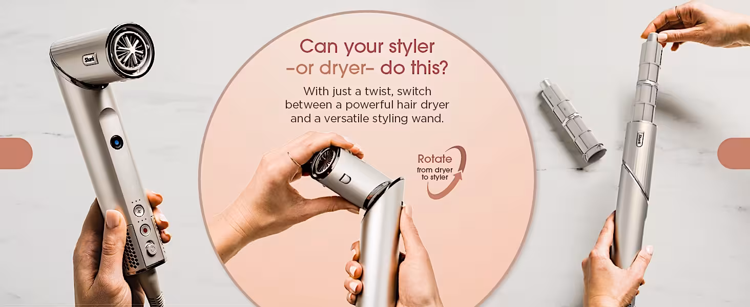 Shark FlexStyle one-twist rotation between powerful hair dryer and versatile styling wand